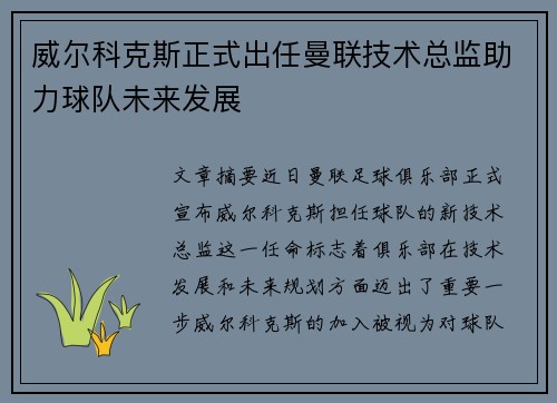 威尔科克斯正式出任曼联技术总监助力球队未来发展 威尔科克斯正式出任曼联技术总监助力球队未来发展