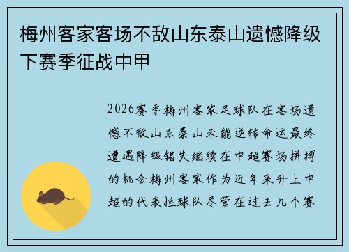 梅州客家客场不敌山东泰山遗憾降级下赛季征战中甲 梅州客家客场不敌山东泰山遗憾降级下赛季征战中甲