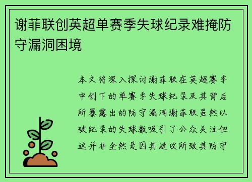 谢菲联创英超单赛季失球纪录难掩防守漏洞困境