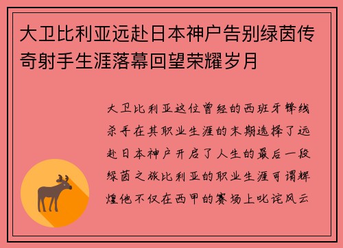 大卫比利亚远赴日本神户告别绿茵传奇射手生涯落幕回望荣耀岁月 大卫比利亚远赴日本神户告别绿茵传奇射手生涯落幕回望荣耀岁月